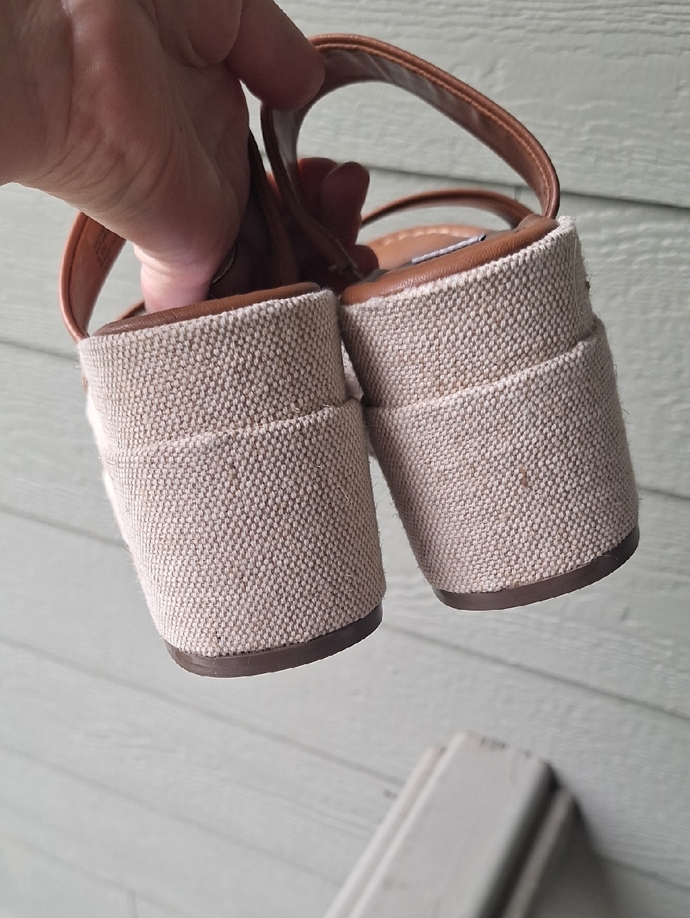 Steve Madden Moveable Leather & Linen Wedge Platform Sandals Tan Size 6.5 - Picture 5 of 8